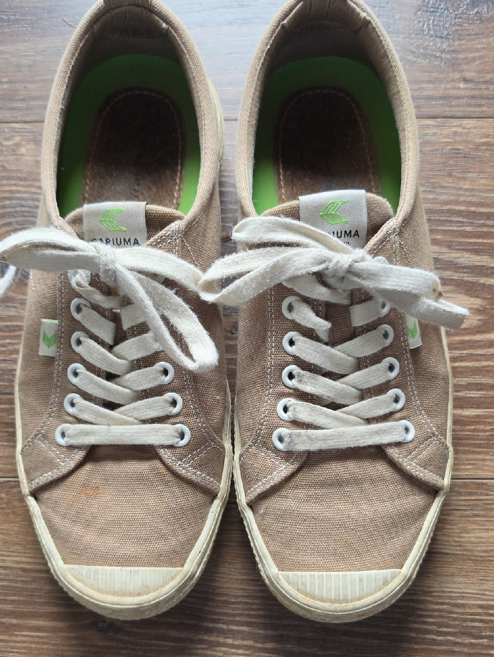Cariuma Tan Canvas Sneakers with Lime Green Accents